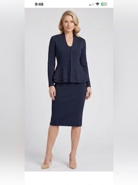 Scanlan Theodore Black V-Neck jacket top Peplum skirt set small crepe knit